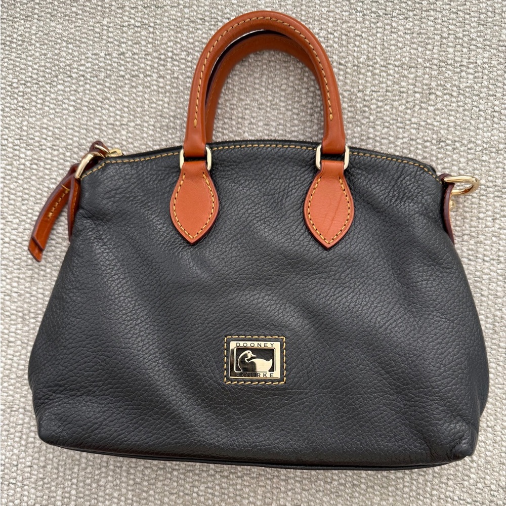 Dooney & Bourke Pebble Grain Black Satchel With Brown Leather Straps